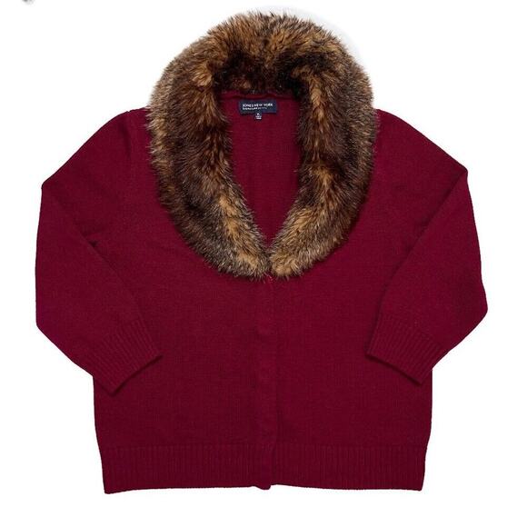 Jones New York Faux Fur Collar Cardigan Sweater Knit Red Women's PL Euro Y2K - Picture 1 of 12